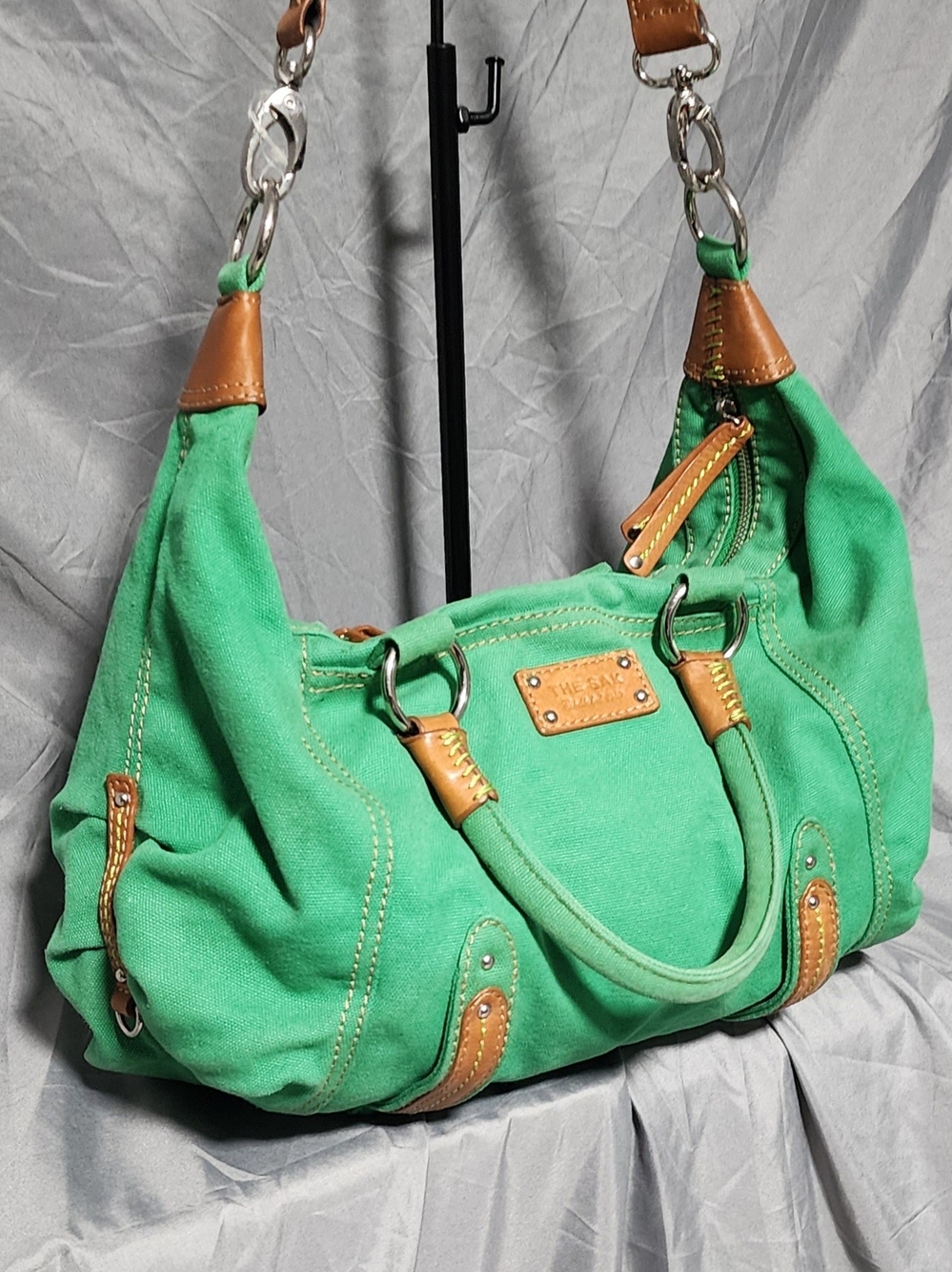 Vintage Y2K The Sak Kelly Green Canvas Hobo Shoulderbag Satchel W/ Leather Trim